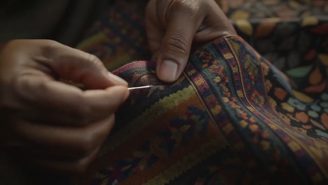 Film: hands stitching a floral shawl