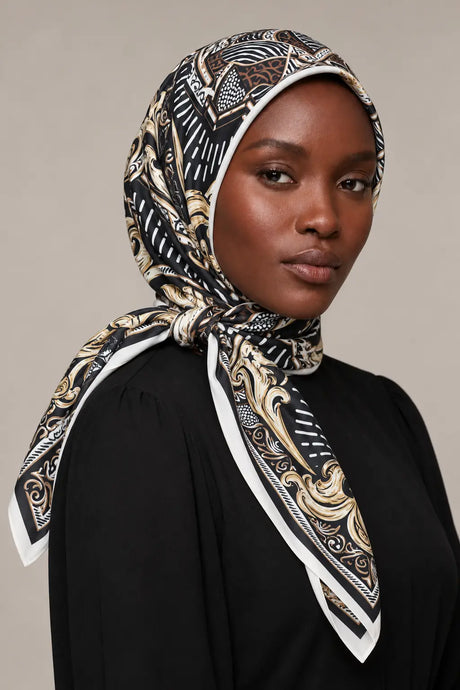 Silk Black Baroque Murabba Scarf, 90×90 cm square hijab in Kuwait — closeup portrait