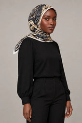 Silk Black Baroque Murabba Scarf, 90×90 cm square hijab in Kuwait — portrait portrait