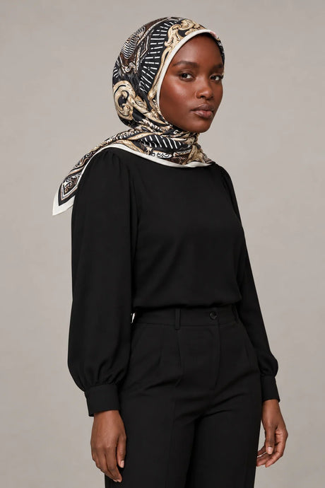 Silk Black Baroque Murabba Scarf, 90×90 cm square hijab in Kuwait — portrait portrait