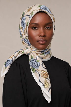 Silk Blue Rose Murabba Scarf, 90×90 cm square hijab in Kuwait — closeup portrait