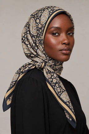 Silk Golden Paisley Murabba Scarf, 90×90 cm square hijab in Kuwait — closeup portrait
