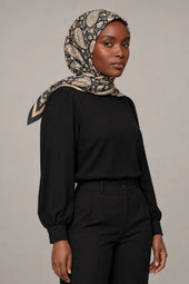 Silk Golden Paisley Murabba Scarf, 90×90 cm square hijab in Kuwait — portrait portrait