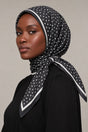 Silk Midnight Dot Murabba Scarf, 90×90 cm square hijab in Kuwait — closeup portrait