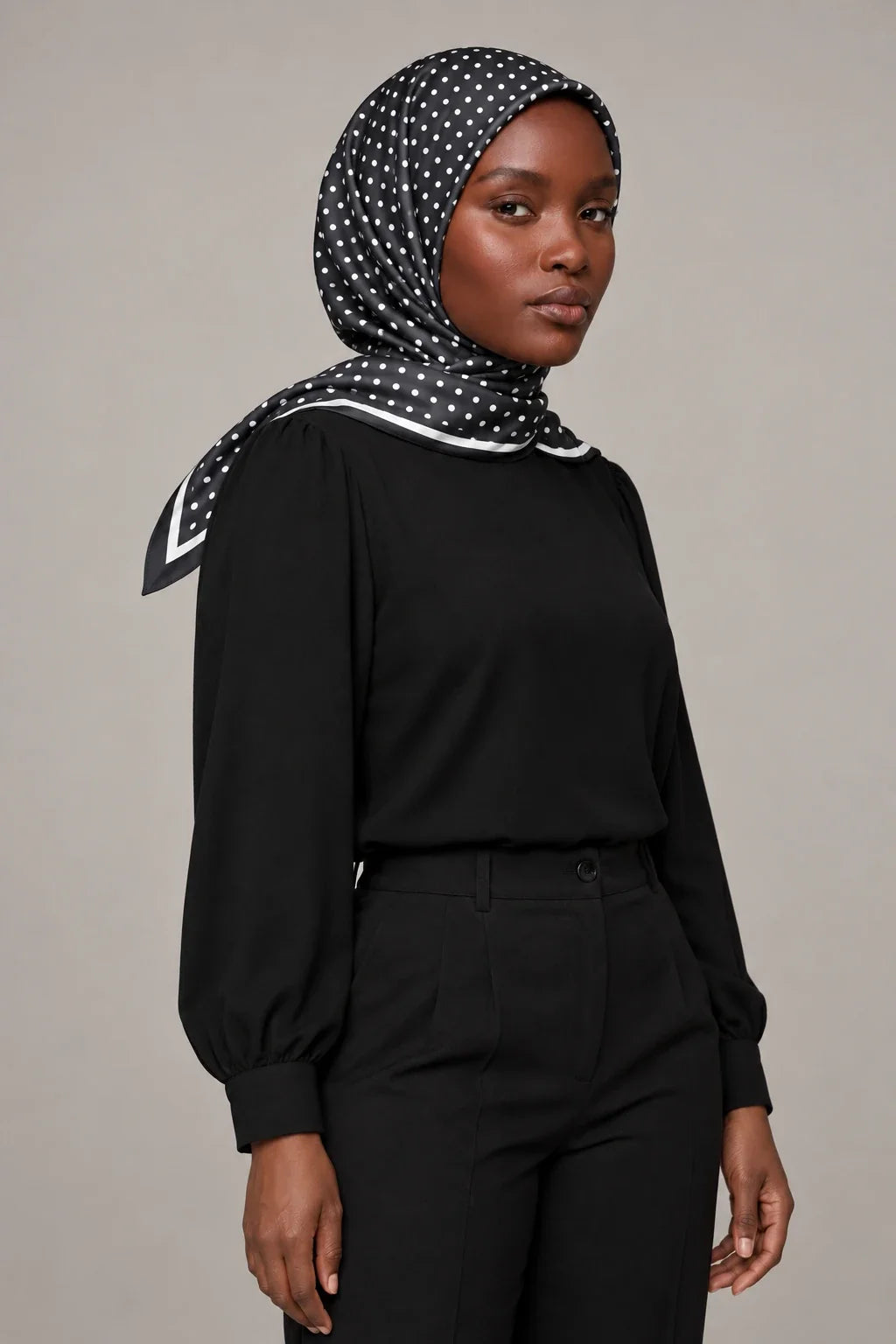 Silk Midnight Dot Murabba Scarf, 90×90 cm square hijab in Kuwait — portrait portrait
