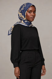 Silk Navy Baroque Murabba Scarf, 90×90 cm square hijab in Kuwait — portrait portrait