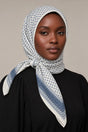 Silk Navy Cross Murabba Scarf, 90×90 cm square hijab in Kuwait — closeup portrait