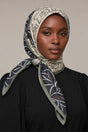 Silk Olive Lily Murabba Scarf, 90×90 cm square hijab in Kuwait — closeup portrait