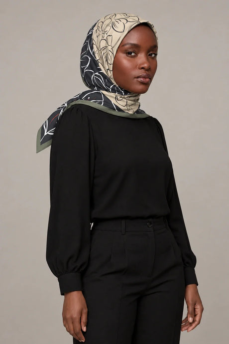 Silk Olive Lily Murabba Scarf, 90×90 cm square hijab in Kuwait — portrait portrait