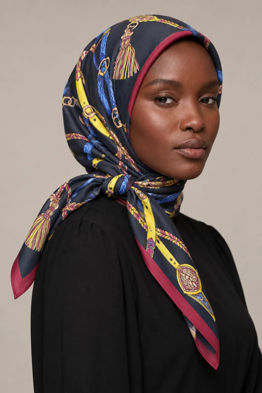 Silk Royal Tassel Murabba Scarf, 90×90 cm square hijab in Kuwait — closeup portrait
