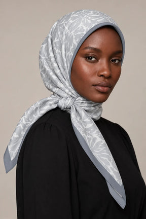 Silk Silver Botanical Murabba Scarf, 90×90 cm square hijab in Kuwait — closeup portrait