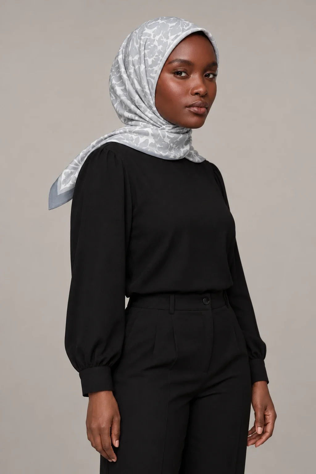 Silk Silver Botanical Murabba Scarf, 90×90 cm square hijab in Kuwait — portrait portrait
