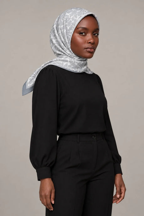 Silk Silver Botanical Murabba Scarf, 90×90 cm square hijab in Kuwait — portrait portrait